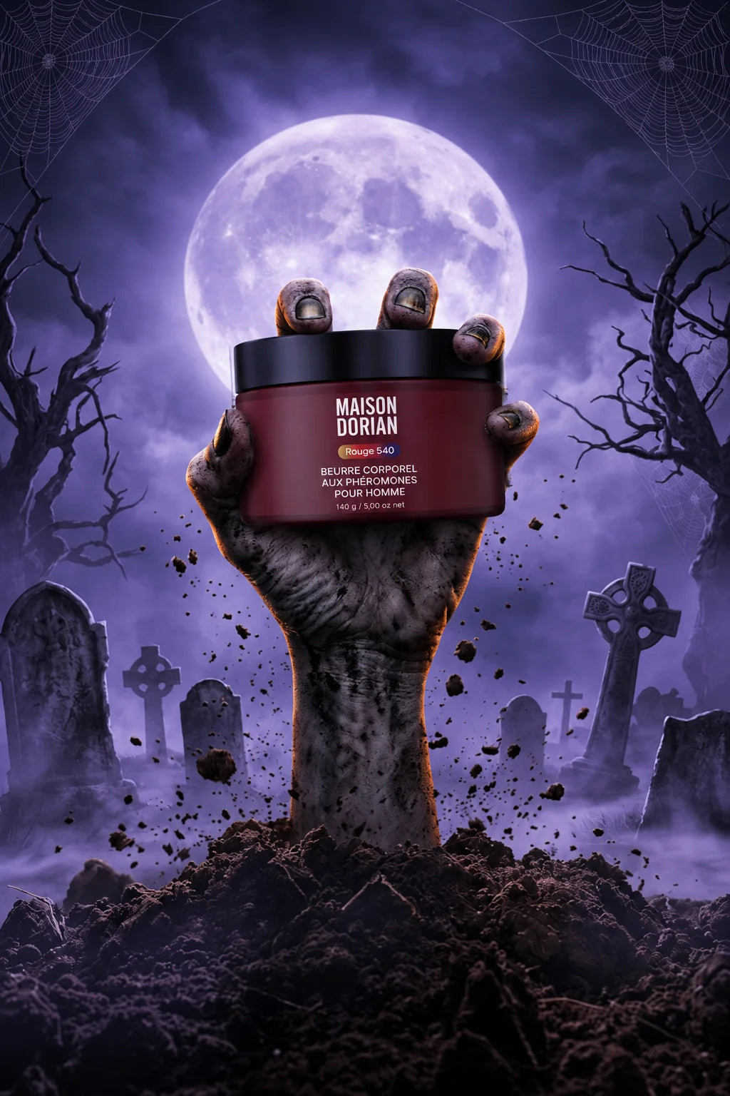 Main de zombie surgissant d’un cimetière au clair de lune et tenant un pot de beurre corporel aux phéromones MAISON DORIAN