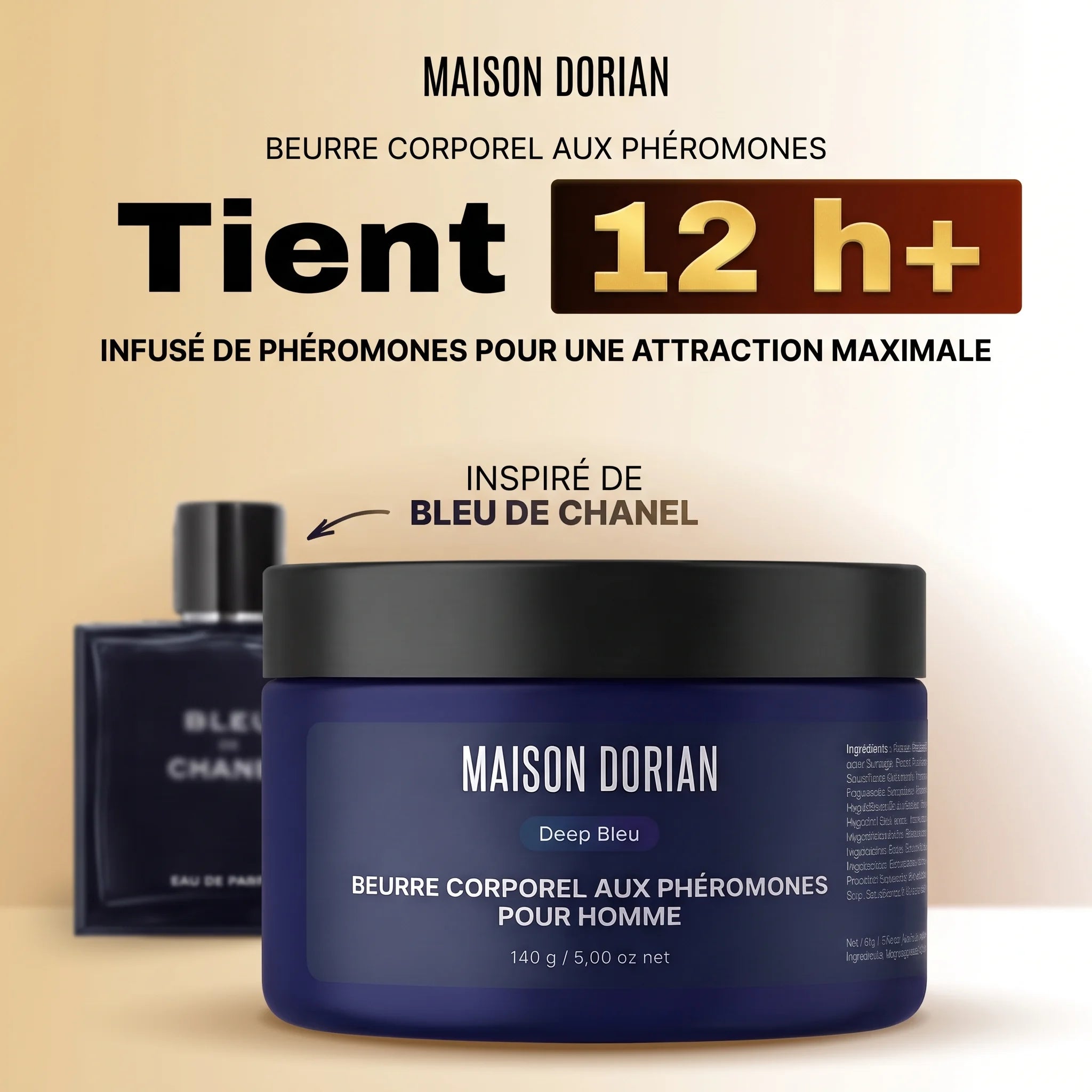 Beurre corporel aux phéromones Deep Bleu, inspiré de Bleu de Chanel, tient plus de 12&nbsp;h
