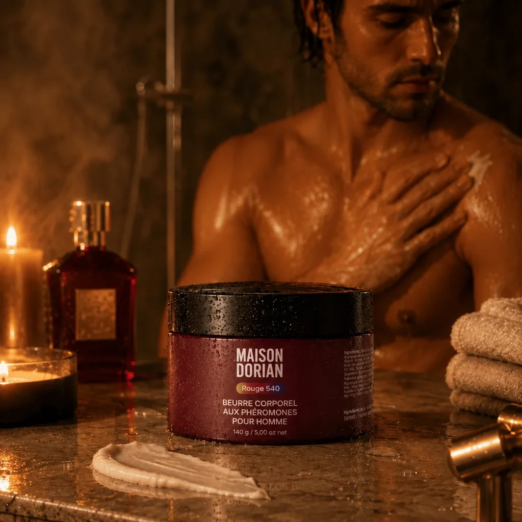 Homme appliquant le beurre corporel MAISON DORIAN dans la lumière chaude d’une salle de bain